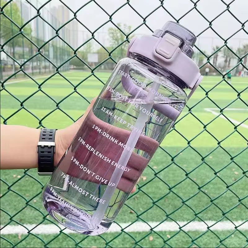 2 Liter Water Bottle with Straw Female Jug Girls Portable Travel Bottles Fitness Bike Cup Summer Cold Water Jug with Time Marker