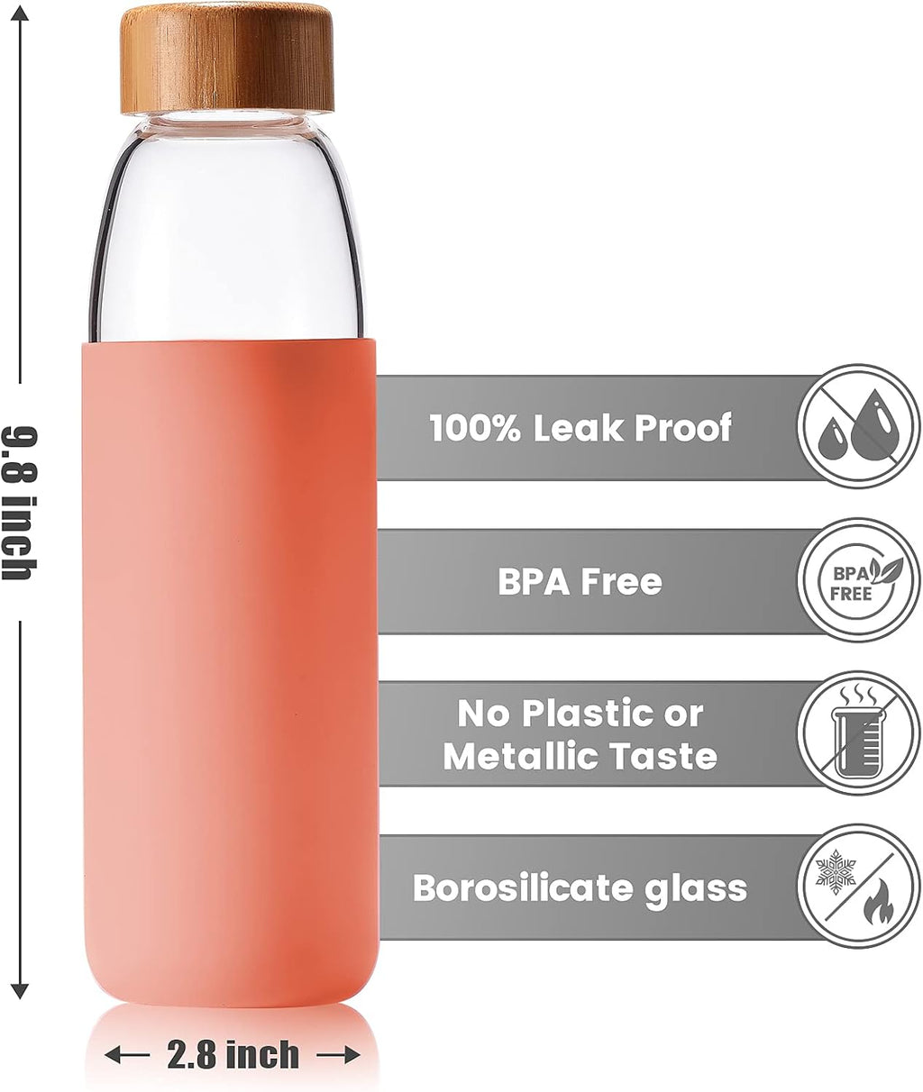 25 Oz Borosilicate Glass Water Bottles with Bamboo Lid, BPA-FREE, Non-Slip Silicone Sleeve, and Stainless Steel Leak Proof Lid - Reusable Glass Bottle for Men and Women