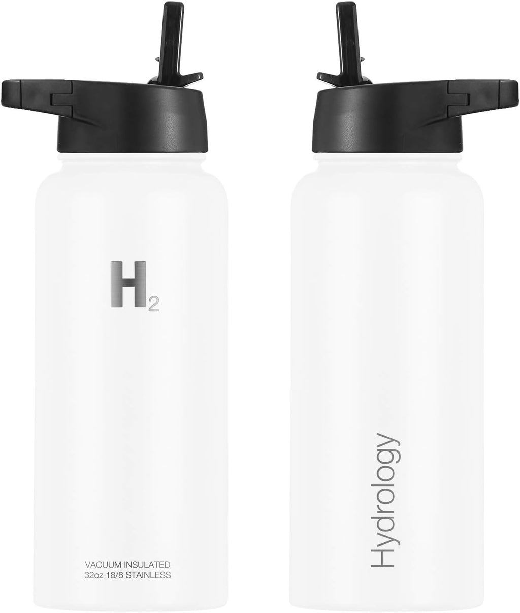 Water Bottle - 18 Oz, 22 Oz, 32 Oz, 40 Oz, or 64 Oz with 3 LIDS Double Wall Vacuum Insulated Stainless Steel Wide Mouth Sports Hot & Cold Thermos (32 Oz, White)