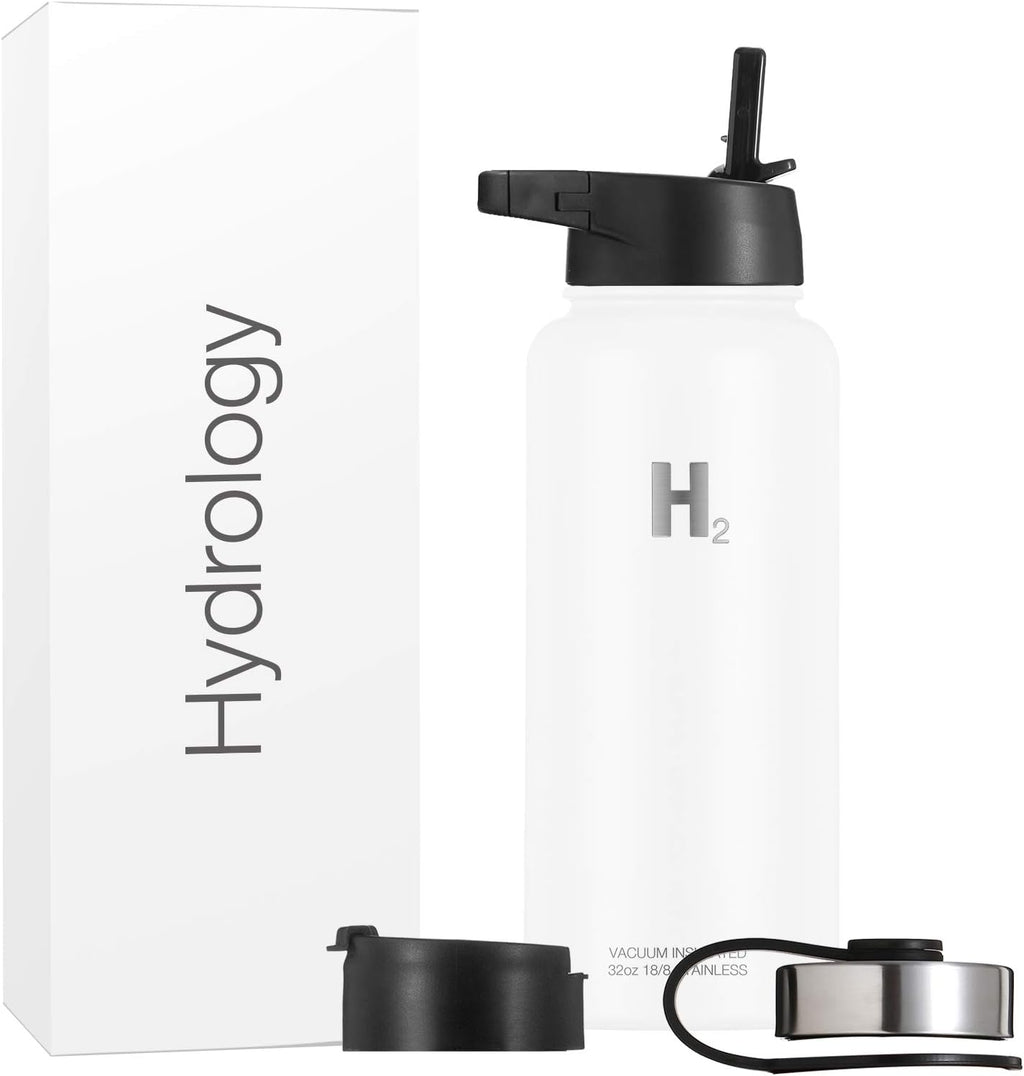 Water Bottle - 18 Oz, 22 Oz, 32 Oz, 40 Oz, or 64 Oz with 3 LIDS Double Wall Vacuum Insulated Stainless Steel Wide Mouth Sports Hot & Cold Thermos (32 Oz, White)