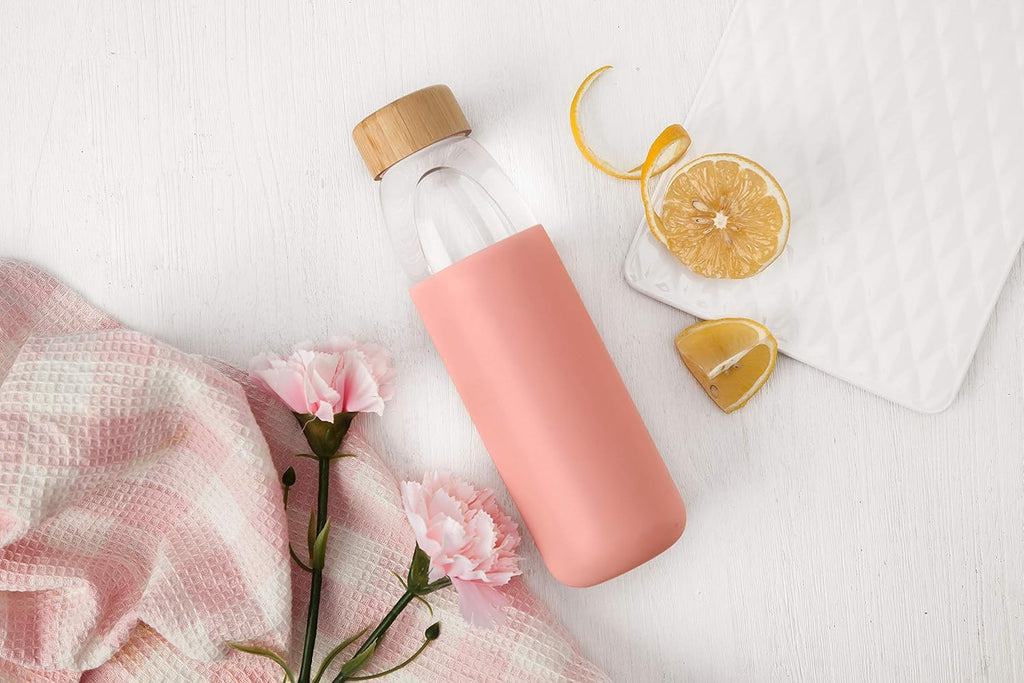 25 Oz Borosilicate Glass Water Bottles with Bamboo Lid, BPA-FREE, Non-Slip Silicone Sleeve, and Stainless Steel Leak Proof Lid - Reusable Glass Bottle for Men and Women