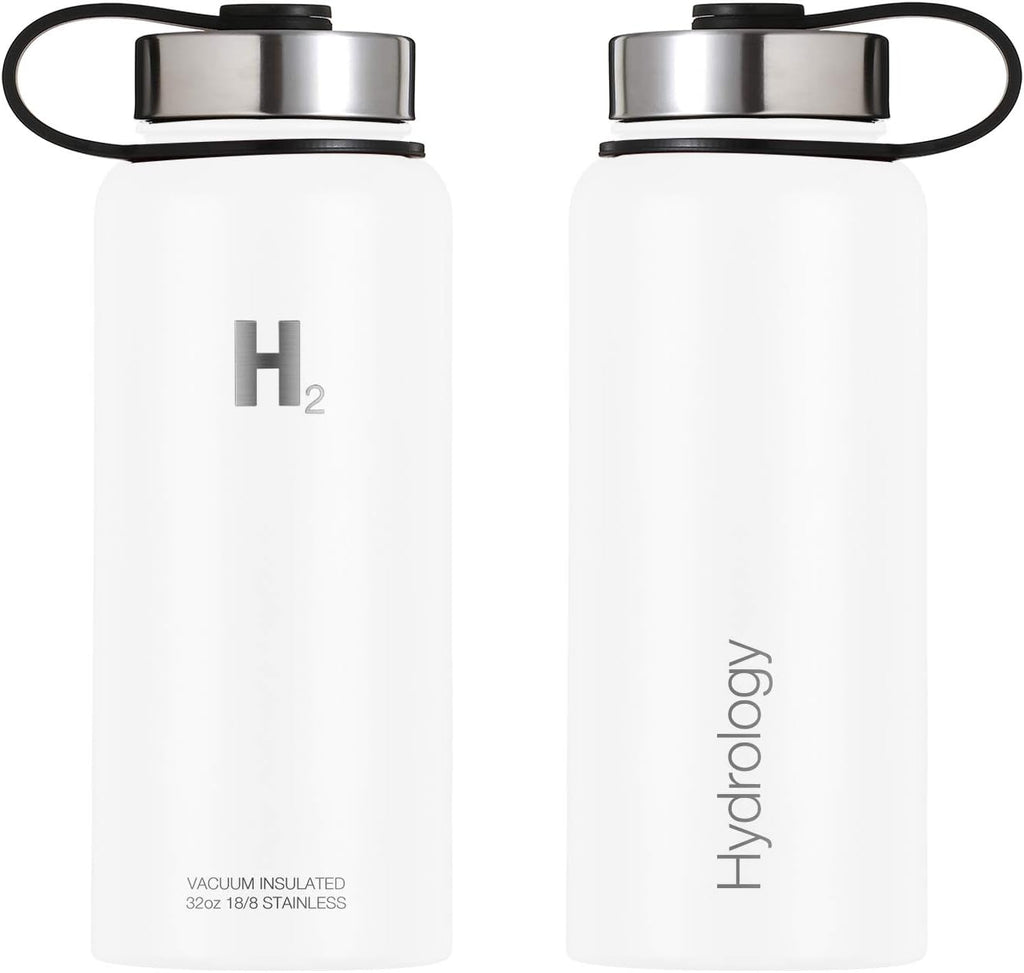 Water Bottle - 18 Oz, 22 Oz, 32 Oz, 40 Oz, or 64 Oz with 3 LIDS Double Wall Vacuum Insulated Stainless Steel Wide Mouth Sports Hot & Cold Thermos (32 Oz, White)